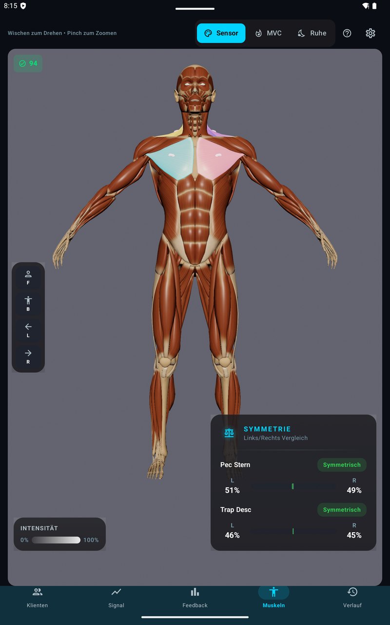 easyEMG: 3D-avatar met toegewezen sensoren en symmetrievergelijking