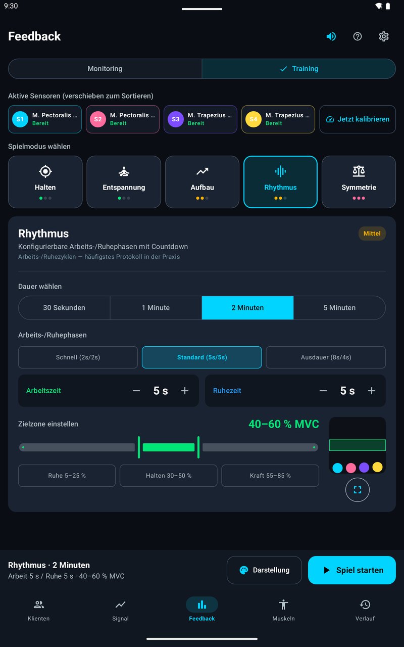 easyEMG game setup for Rhythm: duration, work and rest time of 5 seconds each and target zone 40–60 % MVC on one screen, start bar with “Start game”
