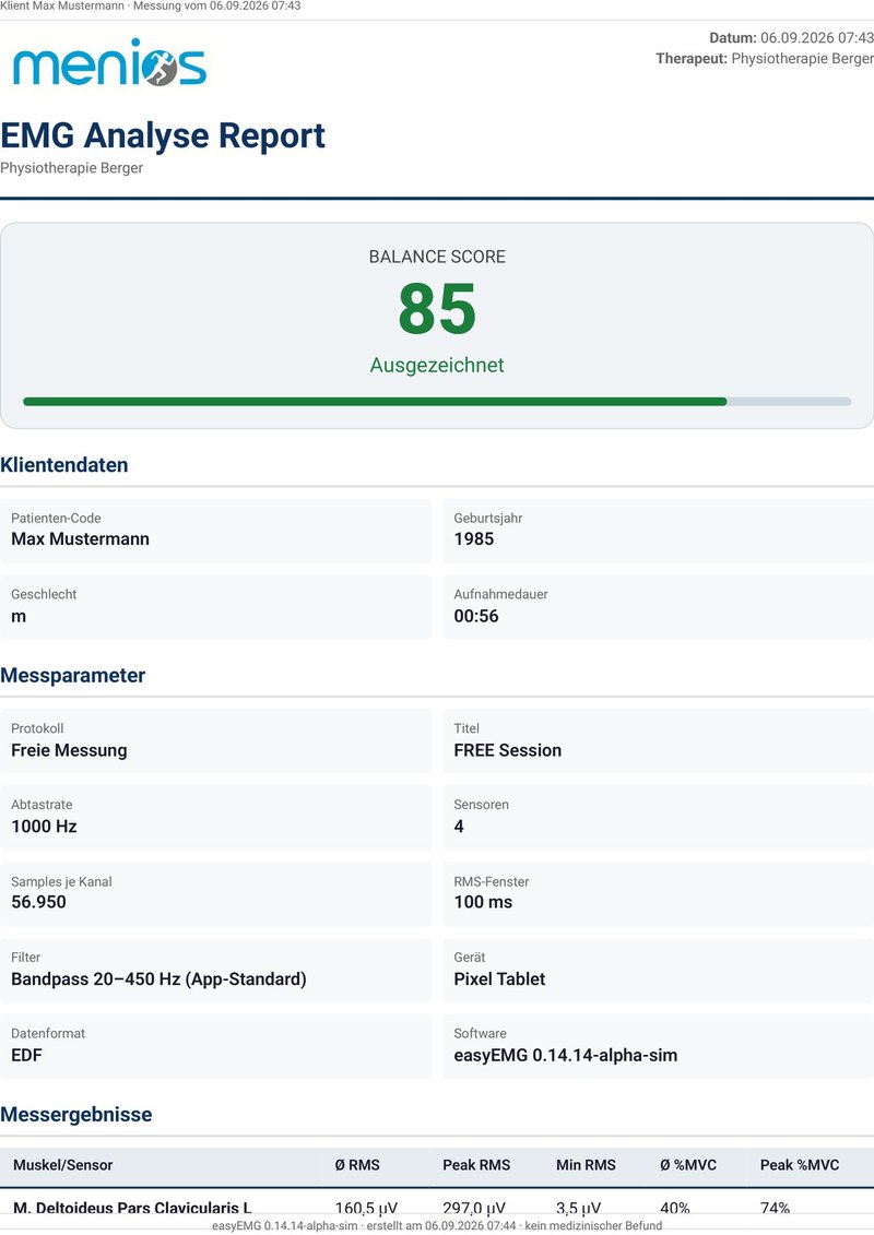 easyEMG: printklare A4-pagina van het EMG-analyserapport met praktijklogo en balansscore