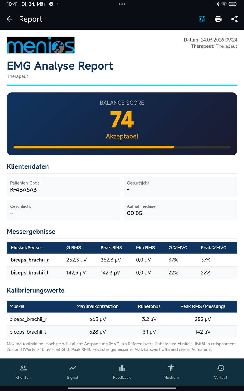 easyEMG: PDF-Report mit Einrichtungs-Branding