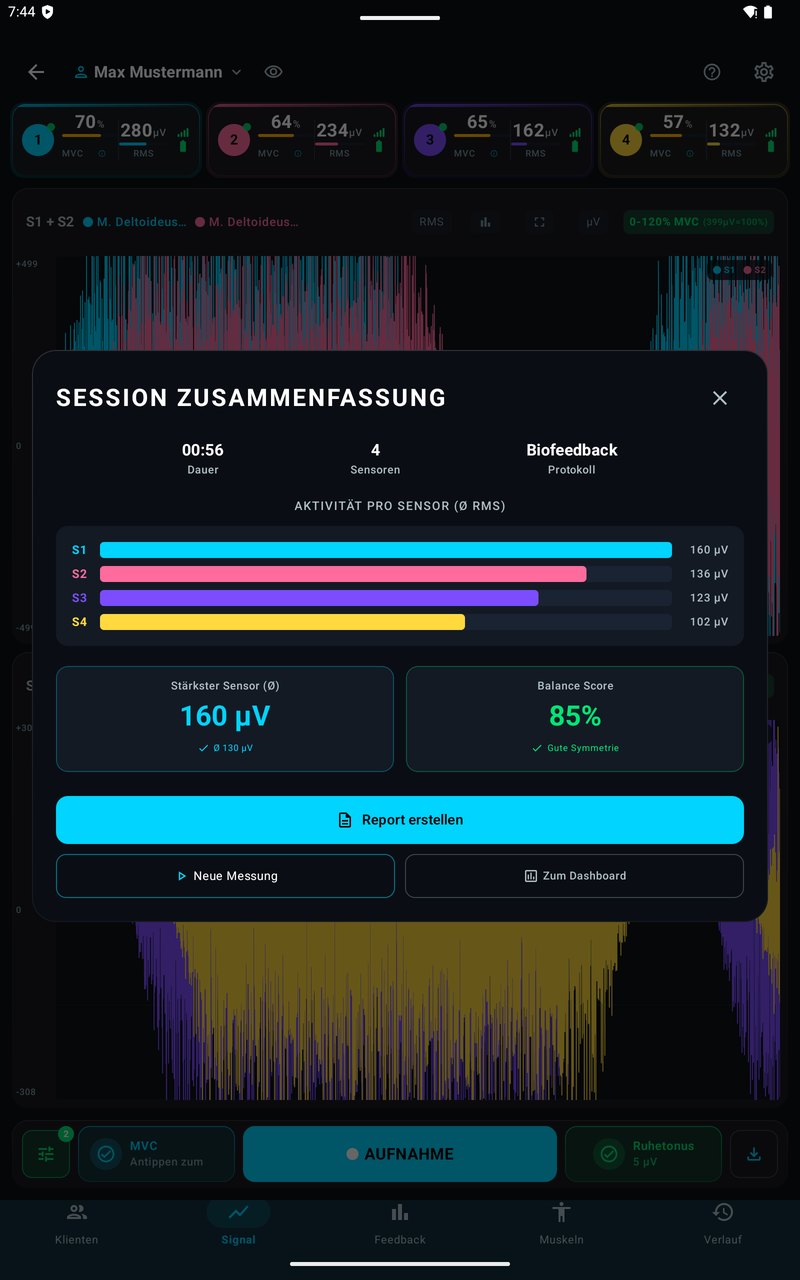 easyEMG: sessieoverzicht met activiteit per sensor en balansscore